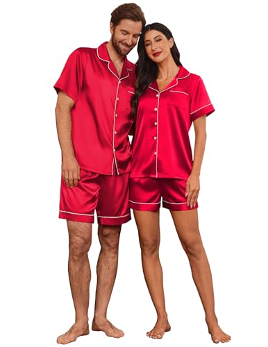 Image of Ekouaer Couple Matching Pajamas Sets Silk Short Sleeve Button Down Sleepwear Satin Pjs Shorts Set Soft Loungewear S-XXL