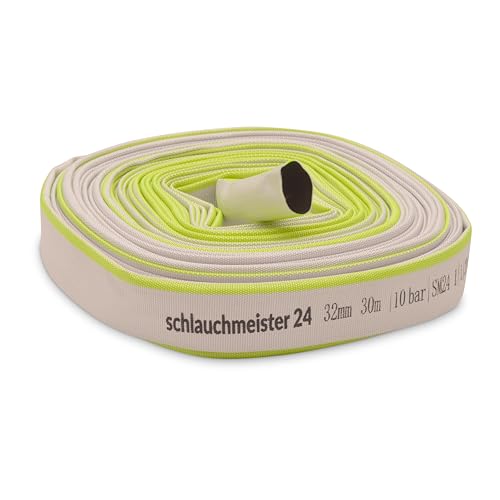 Diameter 1 1/4 Inch - 32 mm, 30 m Flat Hose, Construction Hose, Industrial Hose, Synthetic Rubber, White with Green, 10 Bar, -20°C to +60°