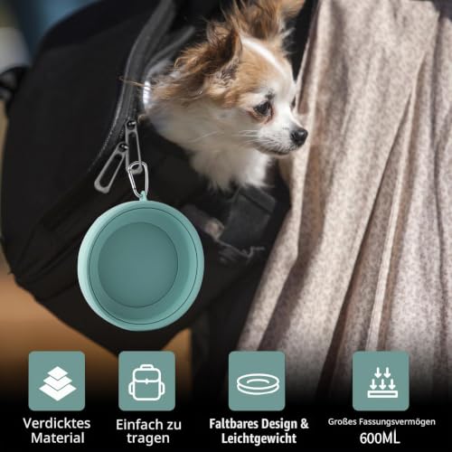 SLSON Hundenäpfe Wassernapf für Hunde Unterwegs Faltbare Integrierter Reisenapf Ohne Plastikrand Auslaufsicher Spritzschutz Trinknapf für Haustier Auto Reise and Innen Draußen (Morandi Grün)