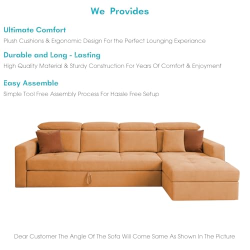 Image of Casaliving Gagnon RHS 6 Seater L Shape Corner Sofa Cum Bed for Living Room (Orange Fabric) Premium Fabric Sofa