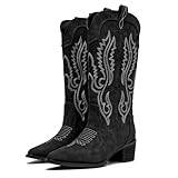 kkdom カウガールブーツ カウボーイブーツ レディース 快適 刺繍 プルオン チャンキー スタックヒール ポインテッドトゥ ニーハイウエスタンブーツ, ブラック, 23.5 cm