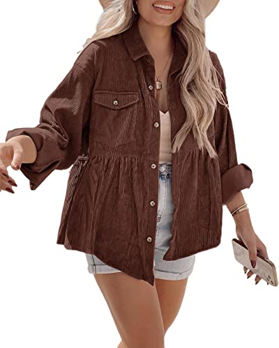 Tutorutor Womens Corduroy Shirts Casual Long Sleeve Button Down Blouses Tunic Babydoll Dress Loose Pocket Jacket Shackets Coffee