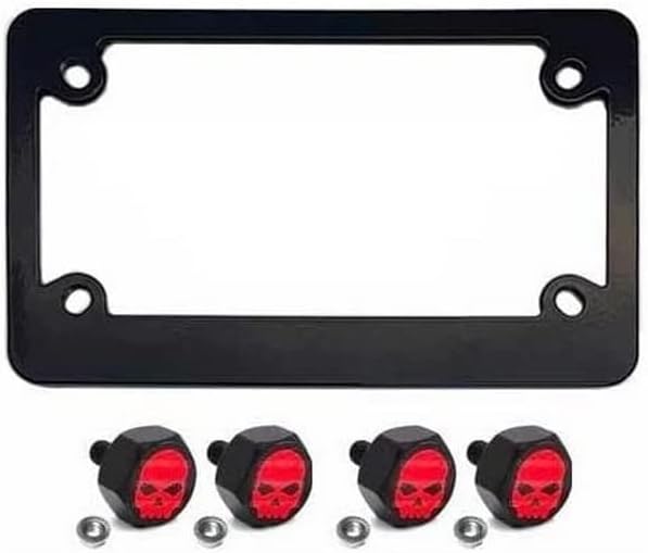 Metal Black Motorcycle License Plate Frame +Tag Fasteners Kit - RED Skull G Style-9856-6868