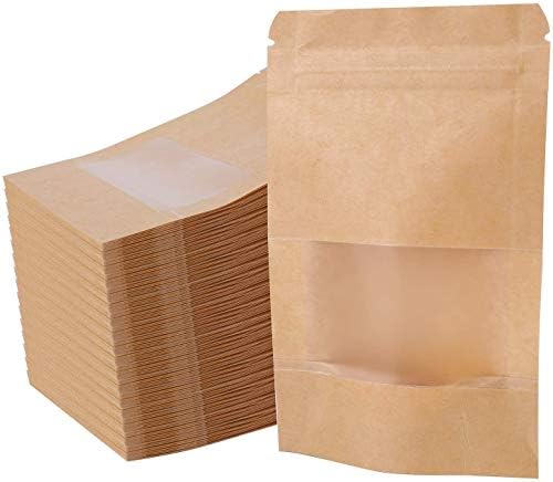 50-Pack Kraft Paper Food Bags With Window & Ziplock - 5.5x7.8 Inch Stand-Up Pouches