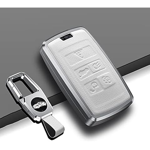 ontto Leather Key Fob Cover Keyring for Land Rover Defender Discovery Sport New Range Rover Evoque Sport Velar Jaguar E-Pace I-Pace accessories Alu Alloy Key Case keychain key Holder White Cover