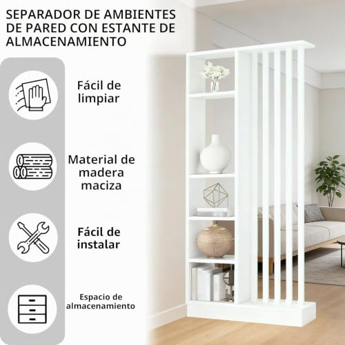 Miniatura 4 de Divisor De La Sala De Pared Con Estante De Almacenamiento, Columna De Pantalla De Partición Del Salón De Entrada Piso Al Techo, Hecho De Madera Maciza, Fácil De Ensamblar A White White, 80cm