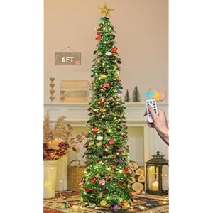 HMASYO 6 FT Pop Up Christmas Tree with 100 LED Lights & Remote, Green Christmas Tinsel Tree, Collapsible Artificial Pencil Tree for Home Office Party Decor, USB Powered Timer Lights, Easy Assembly