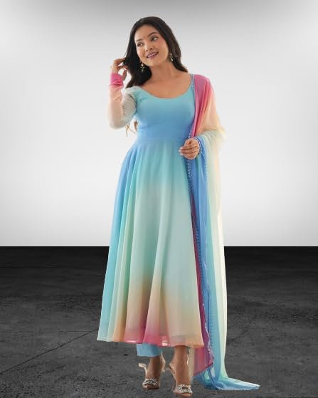 Image of Dhrumi Collection Women's Designer Multi Color Anarkali Kurta Pant Set with Dupatta | Anarkali V Neck Full Sleeve Kurti Ethnic Wear Gown Set