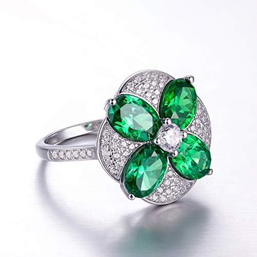 925 Sterling Silver Rings for Women, Flower Statement Engagement Ring, Simulated Emerald Quartz Wedding Band Promise Ring for Her4