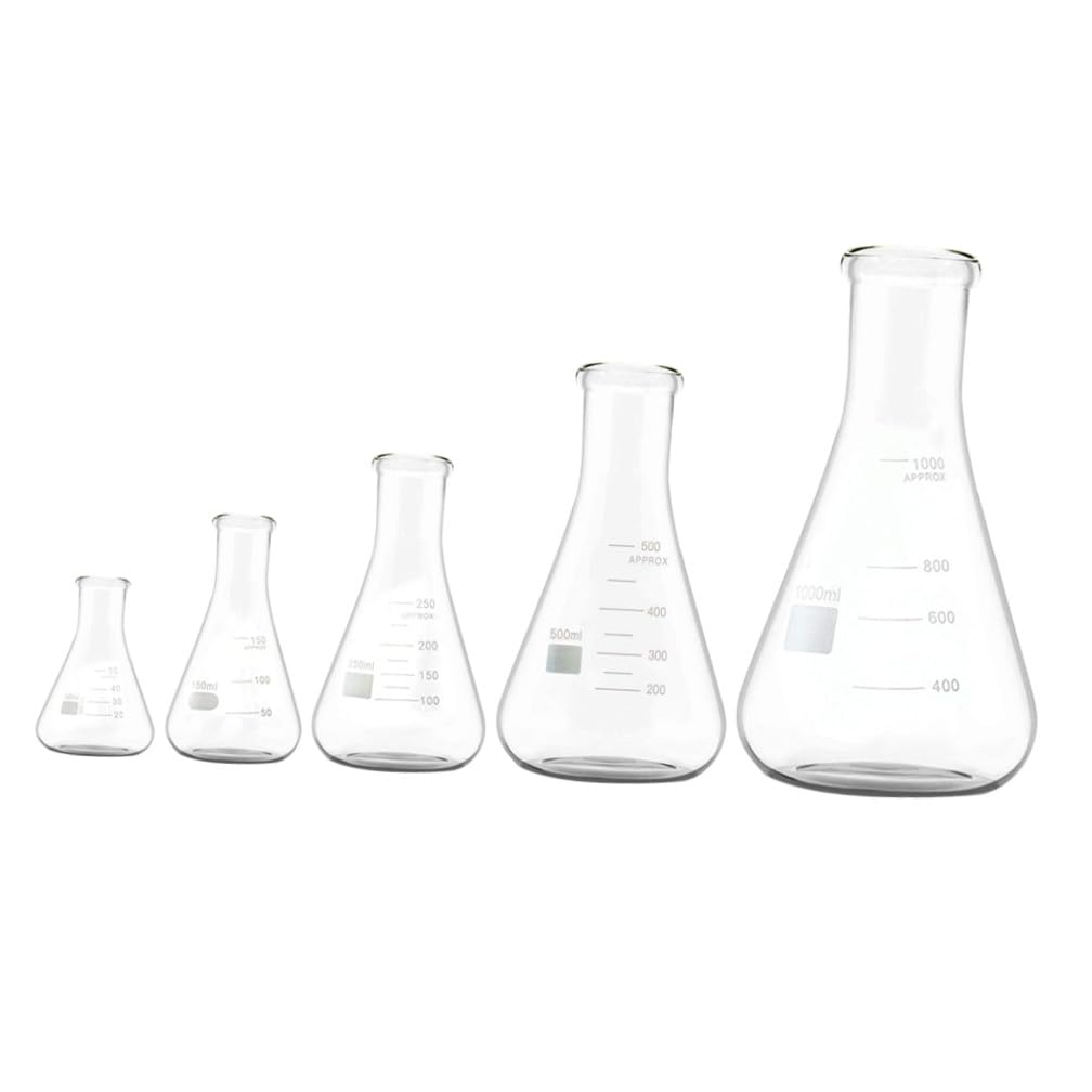 CLISPEED Set 5 Pezzi Beuta Conica in Vetro Borosilicato Collo Largo, Fondo Piatto e Marcatura Extra-large, Resistente a Cambi di Temperatura per Ricerca e Istruzione