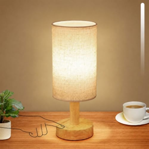 Image of Rechargeable Cordless Touch Table Lamp with Stepless Dimming,Natural Wood Base&Linen Shade,Small Battery Wireless Ambient Night Light for Bedroom,Bedside,Nightstand,Nursery,Kitchen,Camping,Outdoor