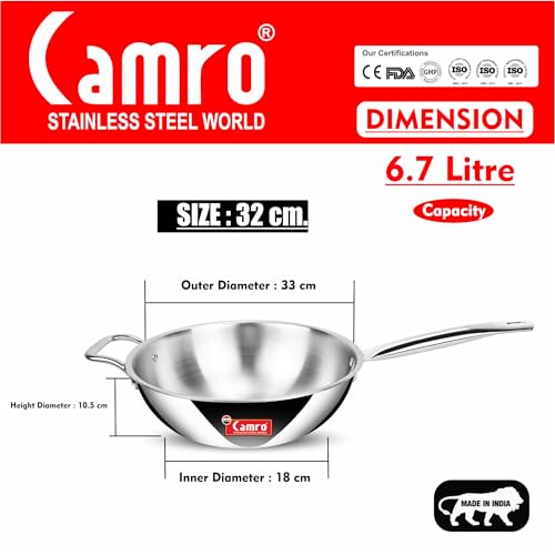 Image of Camro Triply Artisian Wok Pan 32 Cm, 6.7 Liters | Heavy-Duty Kadai for Noodles, Fried Rice Perfect Grip Traditional Chinese Cooking | Dishwasher Safe | 6 Years Warranty