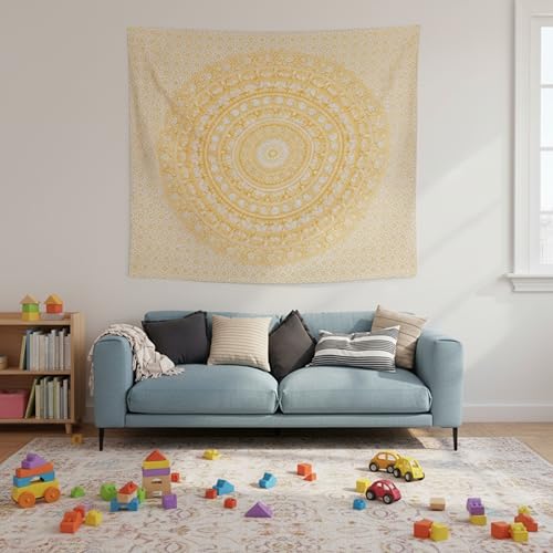Image of Craft Trade 50x60 Inches Psychedelic Yellow Cotton Mandala Ombre Wall Hanging Tapestry