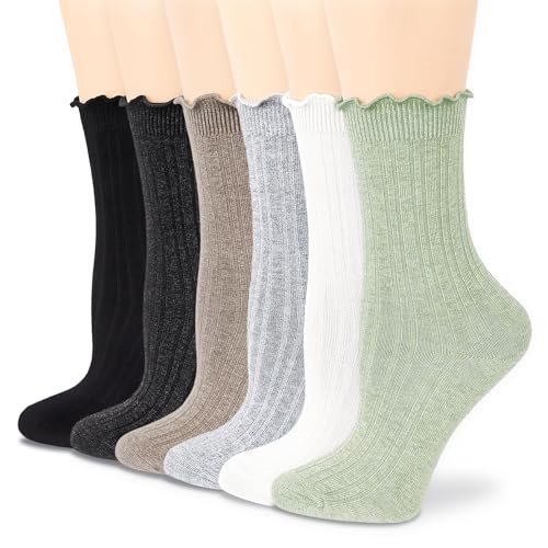 Women's Ruffle Socks - Crew Cotton Ankle Socks, Frilly, Ribbed, Ultra Soft, Lettuce Green, 6 Pack