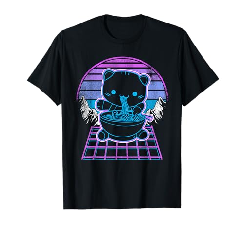 Ramen Cat Kawaii Retrowave Sunset 80s Vaporwave Estética Camiseta