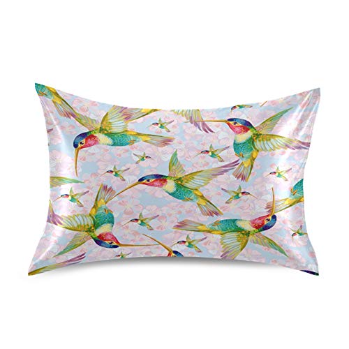 Silky Satin Pillowcase for Hair and Skin Floral Bird Hummingbird Soft Breathable Both Sided Bed Pillow Cases Cover Queen Size No Zipper 20x26in