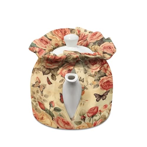 Image of Retro Butterfly Roses Dustproof Tea Pot Cozies Durable Tea Cosy Insulation and Keep Warm Kitchen Home Decorative Tea Pots Cover Both Sides Can Be Used