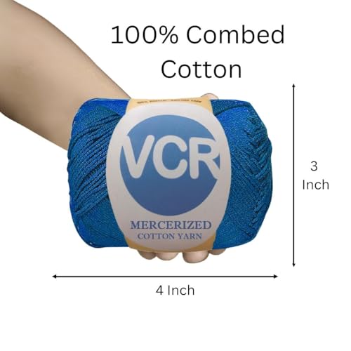 Image of VCR 4 Ply Royal Blue 100% Mercerized Cotton Yarn, 60 Grams Hank, 190 Meters Length, Cotton Combed Ball, Smooth and Glossy Crochet Yarn for Crochet and Knitting, Pack of 1, Suitable for DIY Crafts