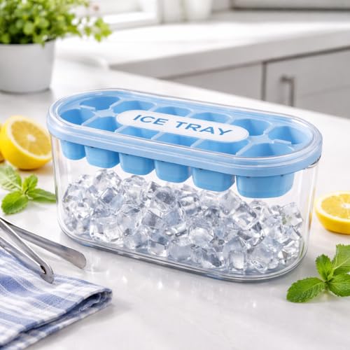 Image of Amazon Brand - Solimo 2 in 1 Ice Cube Tray & Storage Bin with Lid, Stackable Ice Maker Container for Freezer, Flexible Silicone Easy-Release Ice Maker Mold for Cocktails, Mocktails, Detox, 12 Cubes
