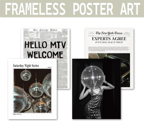 KDHTY Vintage 70s Disco Ball Newspaper Prints Wall Art,Retro Room Cheetah Print Decor,Trendy Black And White Newspaper Wall Art,Record Player Poster for Room Aesthetic,Vintage Decor for College Apartment 8x10 Unframed 4 Pcs
