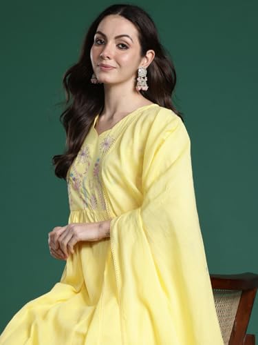 Image of INDO ERA Women's Pure Cotton Embroidered Thread Work Kurta & Pant with Dupatta Set (IEAI13046)