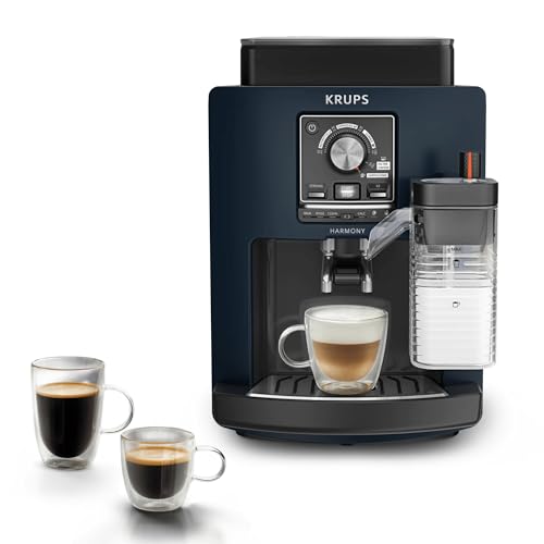 Krups Harmony Lait, Machine espresso entièrement automatique avec buse vapeur, 5 boissons, Mousseur à lait réglable, EA5094E0, Bleu Anthracite
