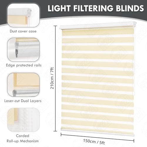 Image of ABOUT SPACE Window Blinds - 5x7 ft Zebra Roller Blinds for Windows for Light Filtering, Privacy, UV Protection Corded Roll Up Curtain Window Shades for Home, Office, Living Room Kitchen