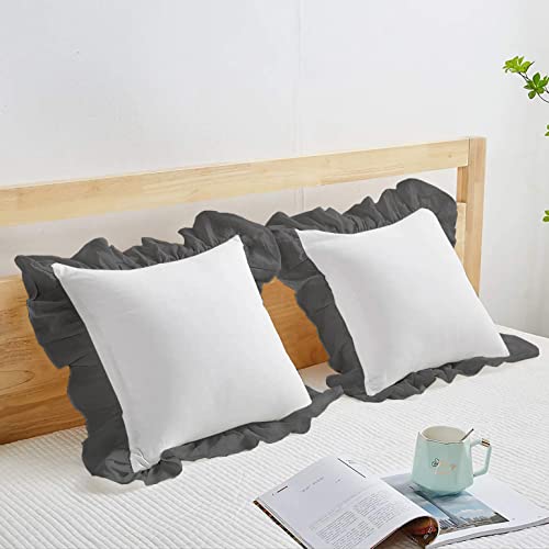 Image of YRM Bedding's Ruffle Beautiful Cushion Cover | Super Soft Elegant Premium Microfiber Frill Cushion Cover Set of 2 (20 inchx20 inch Inches) (White /Dark Grey)