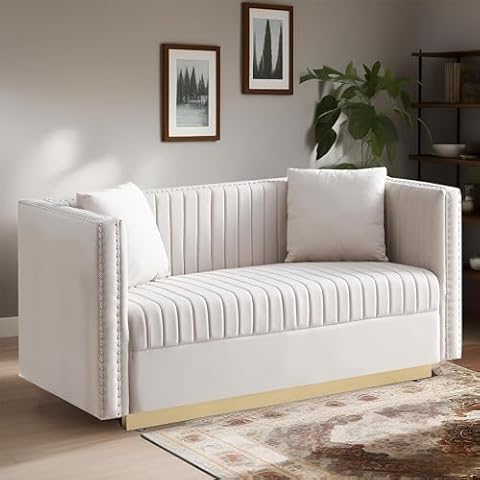 PUG258Y Loveseat Modern Sofa Couch: 61.4 Inchs Mid-Century Sofa with Extra Deep Seats, 2 Seater Sofa Couch for Living Room Apartment Lounge and Office, Dual Pillows, Velvet - Medium Beige Cover