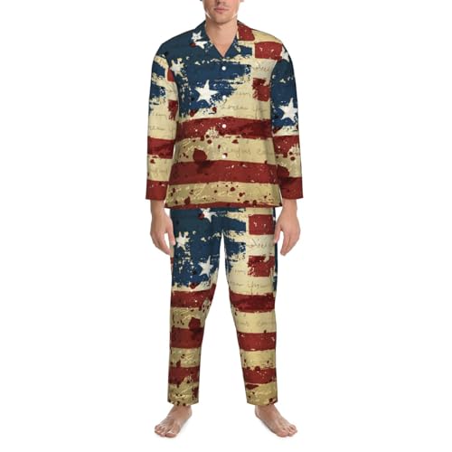 Grunge America Flag Mens Pajamas Set Button Down Sleepwear Set Long Sleeve Loungewear With Pockets