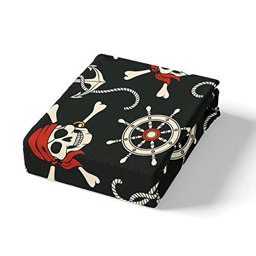 Skull Pattern Bed Sheet Set Boys Nautical Pirate Style Bedding Set Ocean Themed Fitted Sheet For Children Kids Men Sea Adventure Bed Cover Rudder Skeleton Design Room Decor Queen Size #TOP2