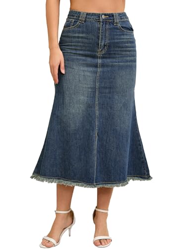 Women's Vintage Denim Maxi Skirt High Waisted A-Line Slit Fishtail Long Jean Skirts
