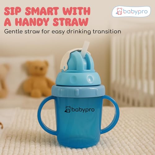 Image of BabyPro Baby Sipper Mug with Straw, 180 ml, Blue, for Babies 1+ Years | Toddler Drinking Bottle, Spill Proof, BPA Free, Easy Grip, Soft Spout, Leak Proof
