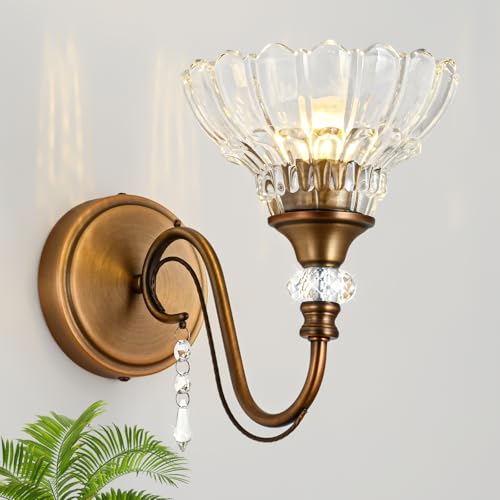 Image of 1 Piece Vintage Wall Sconce, 1-Light Matte Antique Brass Finish Wall Sconce with Hanging Crystal Accents and Flower-Shaped Clear Shades for Bathroom Bedroom Living Room,Vintage Vanity Light