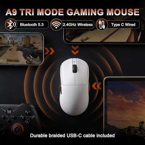 Image of MIKIBY-ATK A9 Wireless Gaming Mouse, 18000 DPI, PAW3395 SE Sensor-White | 53G Lightweight, Tri-Mode 2.4G /BT /USB-C Wired Mouse, 520mAh Battery,Programmable Ergonomic Mouse,Office Mice for PC /Win /Mac