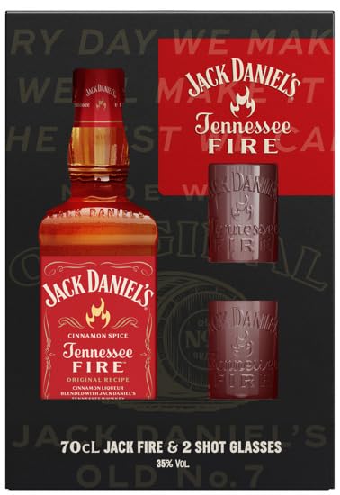 Jack Daniel's Coffret Fire 70 cl accompagné de 2 verres 35% - Liqueur de Whisky à la Cannelle - Épicée, Parfaite pour Cocktail ou Dégustation Pure - Arômes Riches...