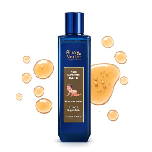 Image of Blue Nectar Baby Oil with Pure Kumkumadi Oil for Glowing Skin | Ayurvedic Baby Massage Oil for New Born | 100% Natural & Safe Baby Product for Delicate Skin (17 Herbs, 200 ml)