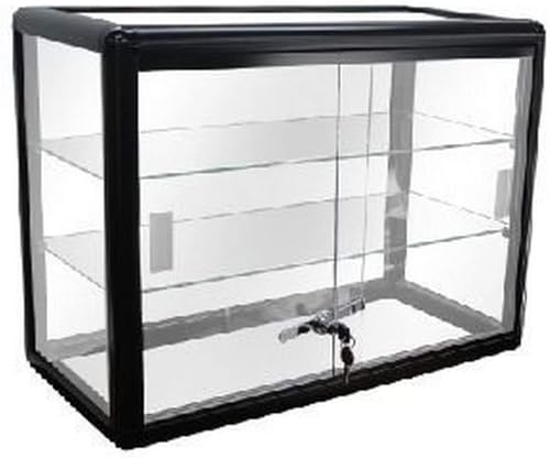 Only Garment Racks Elegant Black Aluminum Display Table Top Tempered Glass Show Case. Sliding Glass Doors with Lock