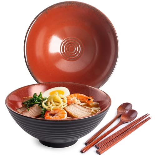 Auanlay Lot de 2 bols à ramen en céramique de 1200 ml, avec baguettes et cuillères, grand bol à soupe de 20 cm, rouge