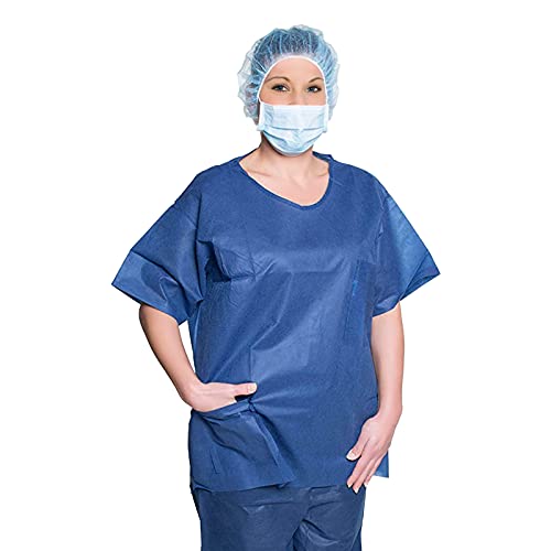 Amazing Disposable Scrub Shirts. Pack of 10 Polypropylene Adult Dark Blue Jackets Medium. Non-Sterile Tops with Half Sleeves, 2 Pockets. Unisex PPE Clothing for Men, Women. Breathable, Durable Wear.