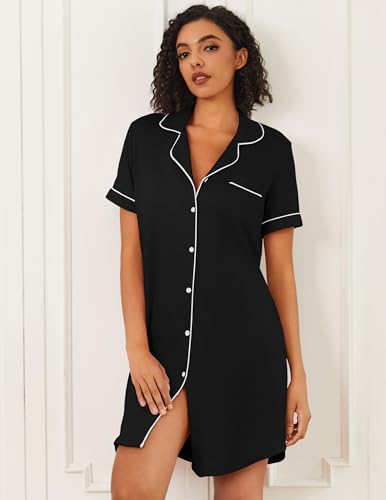 Ekouaer Nightgowns for Women Bamboo Viscose Sleep Shirts Button Down Night Shirt Short Sleeve Boyfriend Pajama Dress2