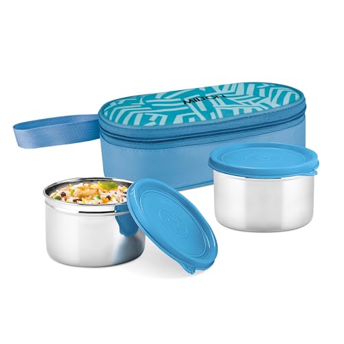 Image of MILTON Plato Pack Big Stainless Steel Lunch Box (2 X 500 ml containers) with Jacket | Leak Proof, Food Grade I Lightweight, Odour Proof | 1 Year Warranty I Ideal for Office, School, Travel, Blue