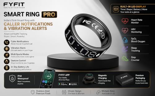 Image of Smart Ring Pro | Buy Sizing Kit First | Caller Notifications & Vibration Alerts | Built-in LED Display | Sleep Tracker, Heart Rate, HRV & SPO₂ | Sports Modes | Gesture Control | Black | Size 13