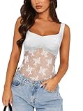 REORIA Women's Summer Sexy Square Neck Sleeveless Embroidered Lace Mesh See Through Sheer Y2K Trendy Going Out Tank Top Bodysuits White Medium