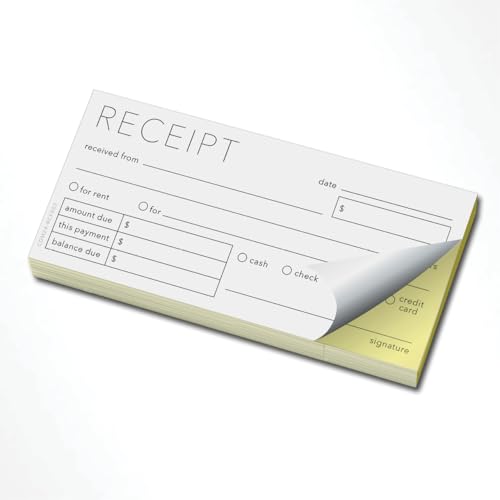 Libro de recibos autocopiativo de 2 partes, 6 x 2.75 pulgadas, 50 formularios/100 hojas, páginas blancas y amarillas, soporte de aglomerado trasero, esenciales para pequeñas empresas, ventas,