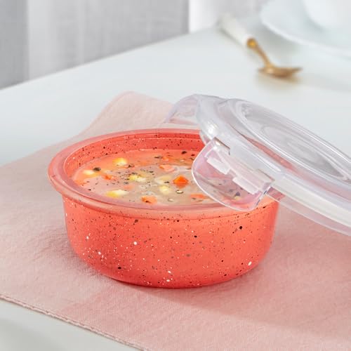 Image of Borosil 400 ml Kube Pink Food Storage Container with Air Tight Lid | Round Shape Borosilicate Glass Organiser | Microwave & Dishwasher Safe | For Fridge, Kitchen Storage