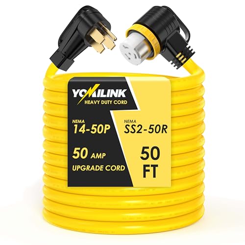 50 Feet 50 Amp RV/Generator Cord, UL Listed, 100% Copper Wire, NEMA 14-50P to SS2-50R Twist Lock, Newly Designed 90Grip Handle, 6/3+8/1 Gauge STW Wire