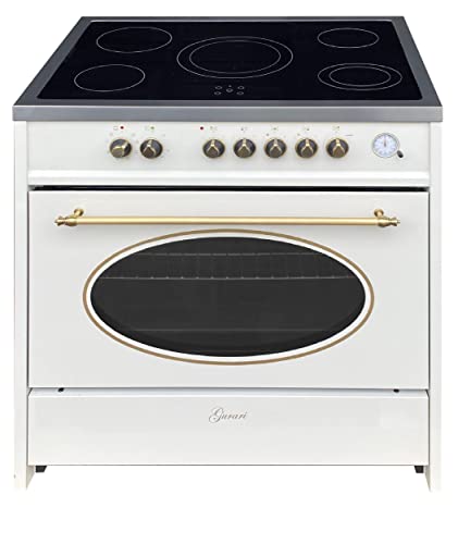GURARI Cuisinière électrique GCH E 912 CR r, Rétro sur pied 90 cm, vitrocéramique, Range Coocker, 121 L, crème, 8 fonctions, air chaud, barbecue, 5 zones