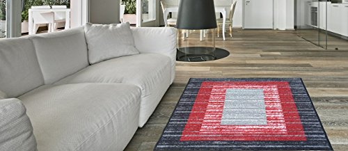 Maxy Home Indoor Doormat Rubber Backed, Red Grey Border Striped, Non Slip, Kitchen Rugs and Mats