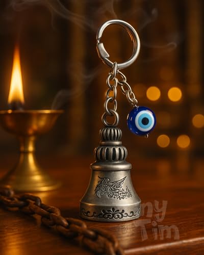 Image of Tiny Tim Guardian Bell with Evil Eye Charm - Protective Motorcycle & Car Accessory - Tibetan-Inspired Design - Wards Off Negative Energy - Ideal Gift for Bikers & Travelers
